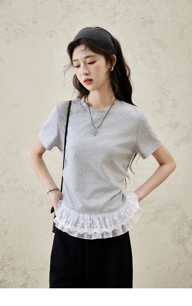 Mishow Lace Hem Splicing Round Neck Tee MXE31T0528