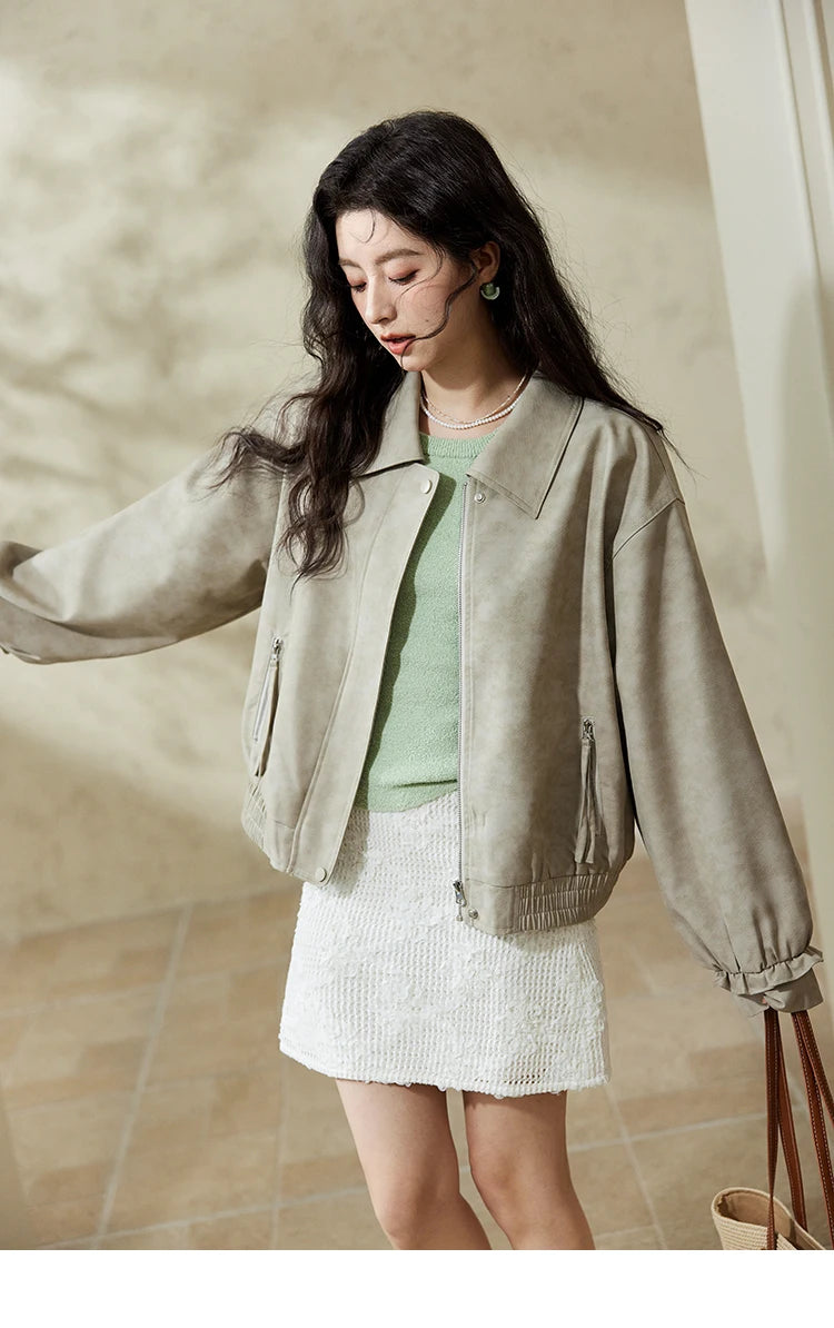 MISHOW Minimalist Short Jacket Lapel Zipper Elastic Hem MXE13W0715