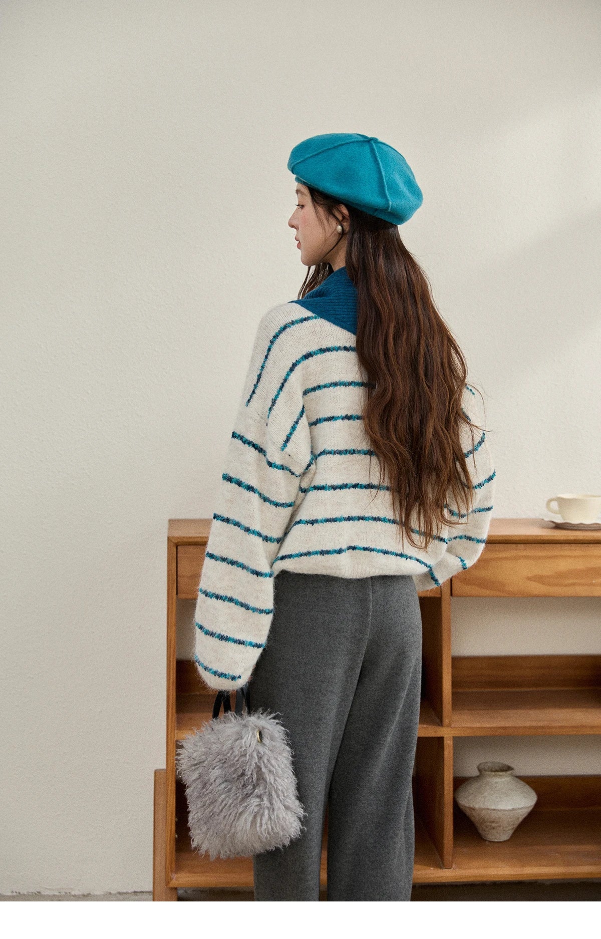 Mishow Blue Striped Alpaca Wool Sweater with Scarf Set MXE90Z2821