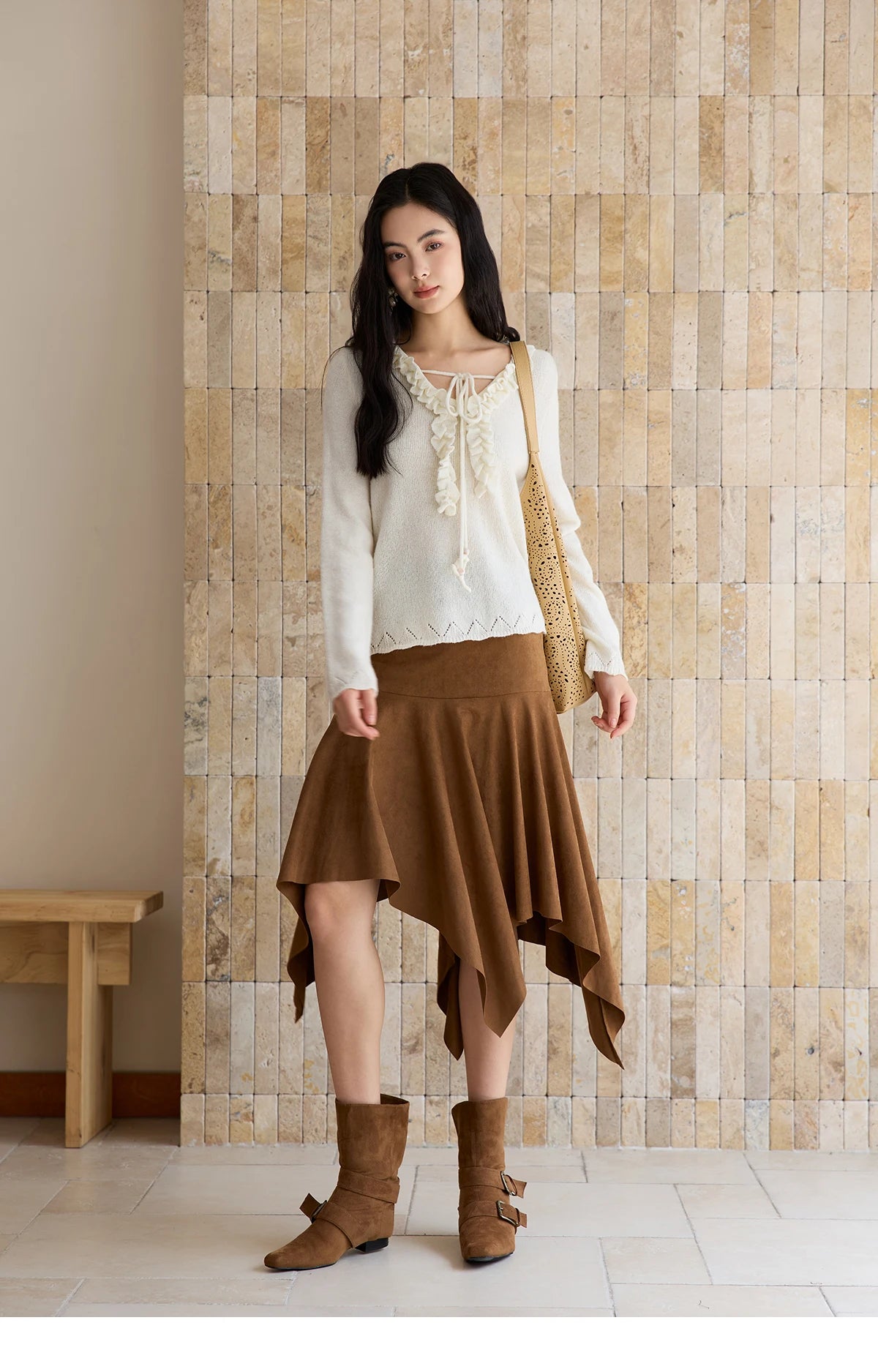 Mishow Beige V-Neck Wood Ear Hollow Sweater MXE51Z2595