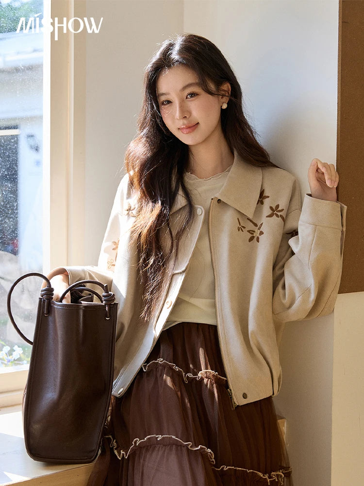 MISHOW Imitation Suede Jacket Floral Embroidery Lapel Zipper MXF11W1027