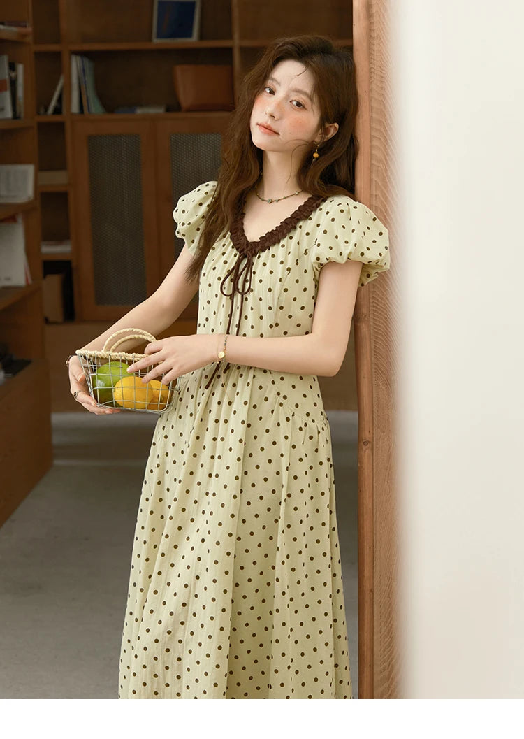 Mishow Polka Dot V-Neck Lace Up Puff Sleeve Dress MXE39L2326