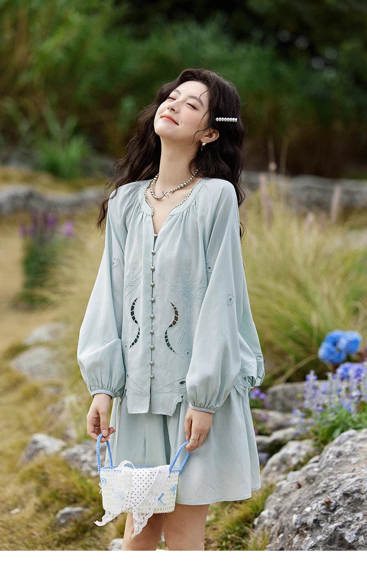 Mishow Vintage Hollow Embroidery Blouse & Solid A-Line Skirt Set MXE12T0455