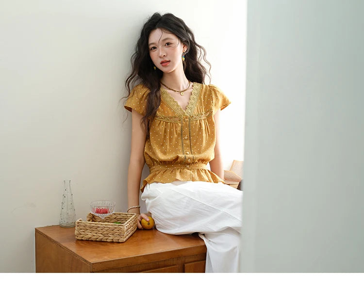 MISHOW V-Neck Lace Polka Dot Blouse Ruffled Button MXE38X1847