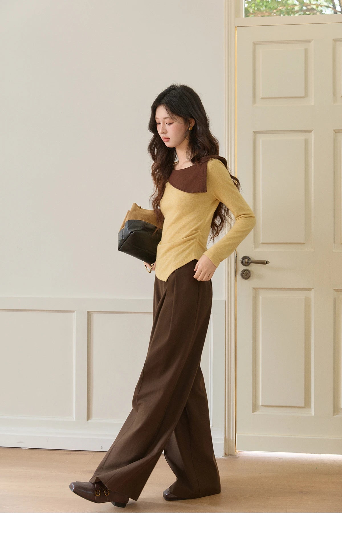 MISHOW Dark Brown Wide Leg Pants High Waist Pleated Elastic MXF108K1010
