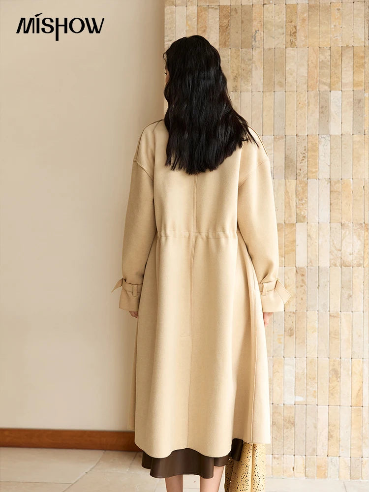 Mishow Drawstring Waist Large Lapel Mid-Length Woolen Coat MXE45W0841