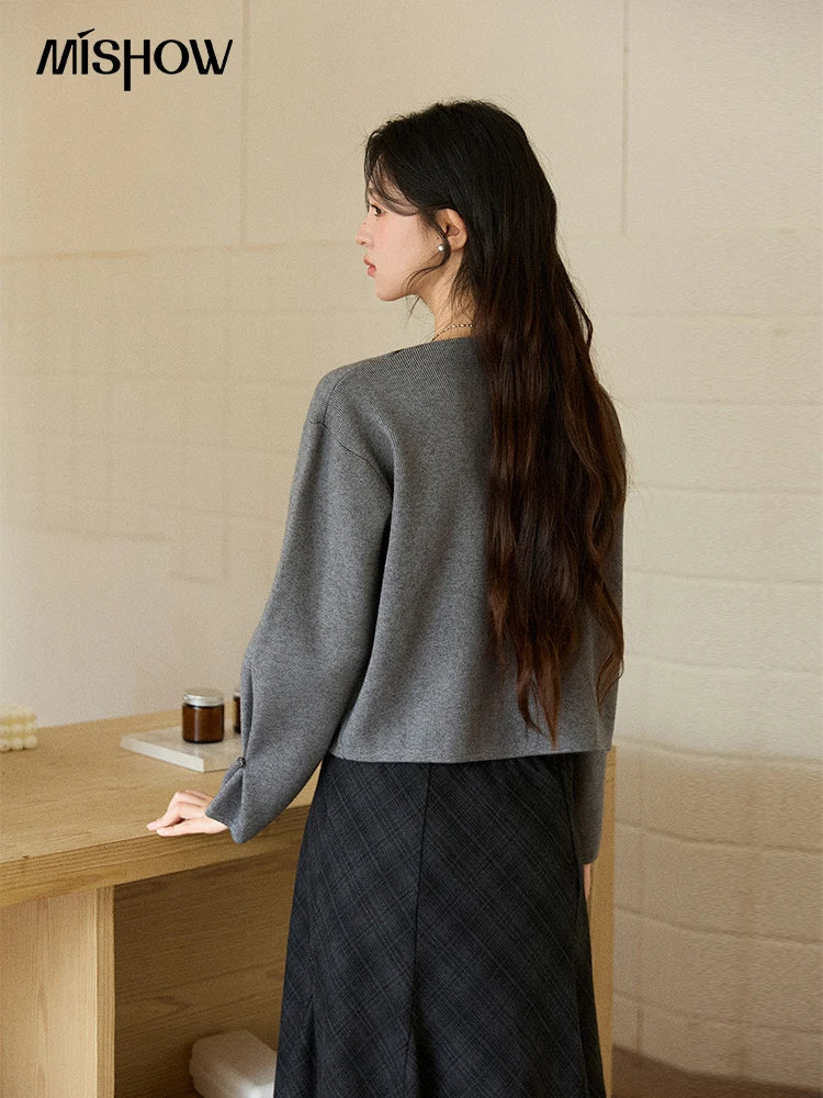 Mishow Gray French Diagonal Placket Knit Pullover MXE86Z2744