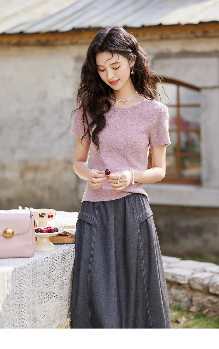 Mishow Back Hollow Pearl Button Knit Tee MXE13Z1072