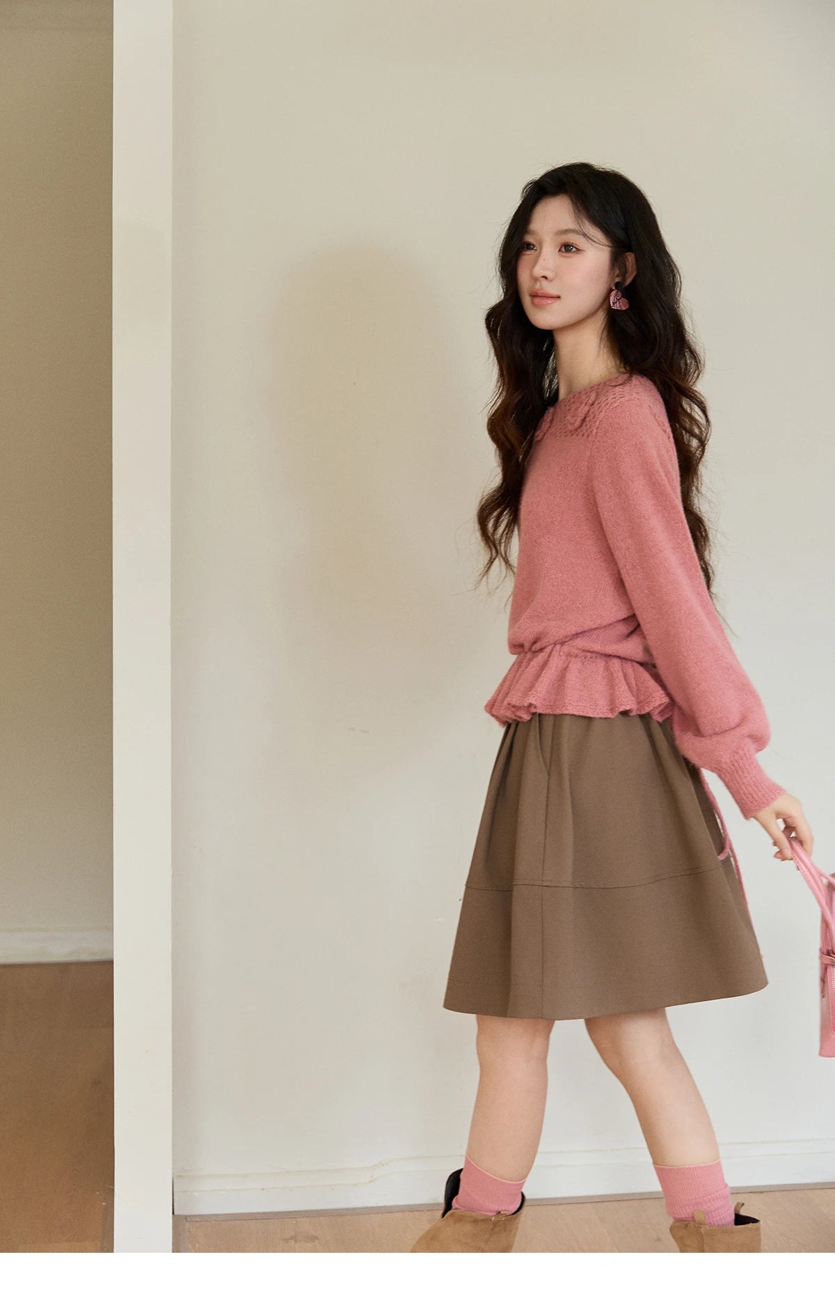 Mishow Pink Hollow Floral Ruffled Hem Sweater MXE94Z2865
