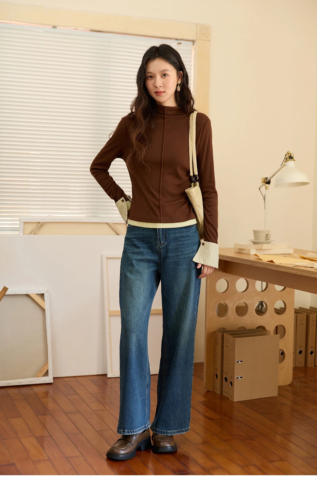 Mishow Apricot Stand Collar Slim Top with Detachable Cuffs MXE49Z2532
