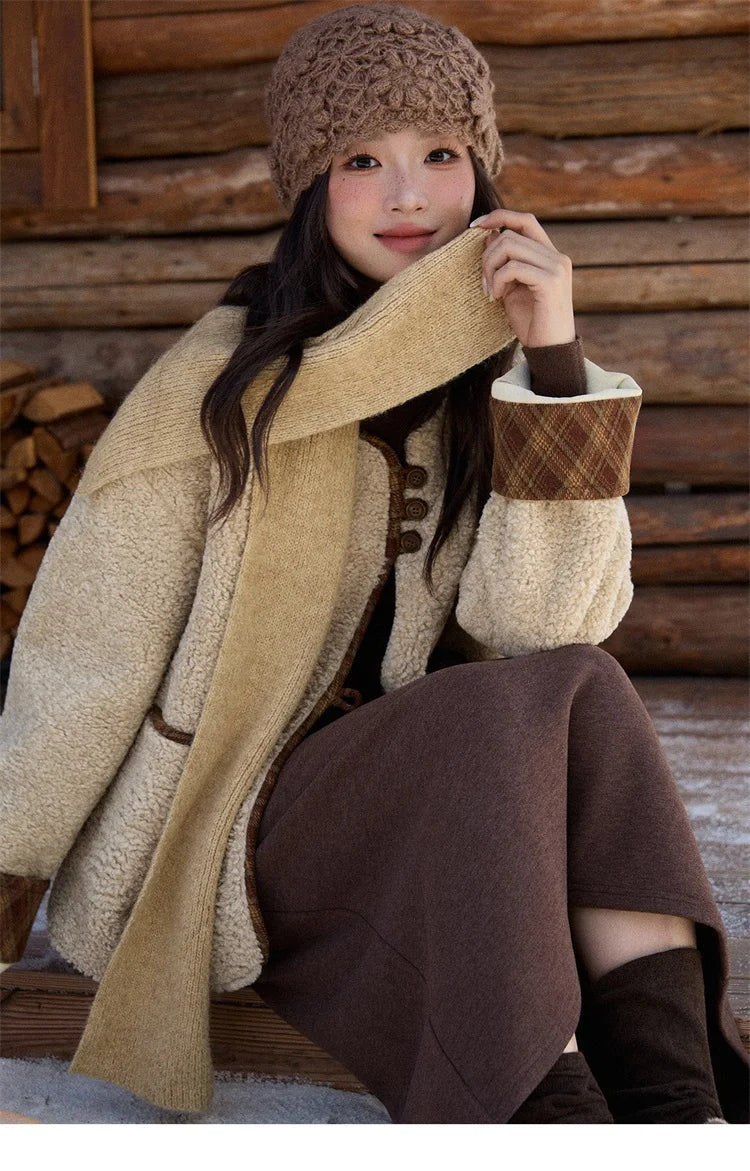 Mishow Plaid Patchwork Lamb Wool Round Neck Coat MXE90W0923