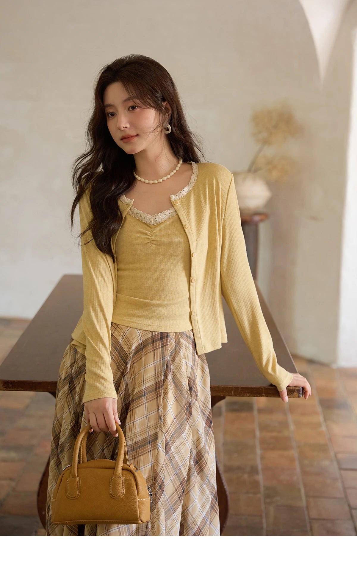MISHOW Coffee Plaid Skirt Asymmetrical Hem Side Zipper A-Line MXE42B2377