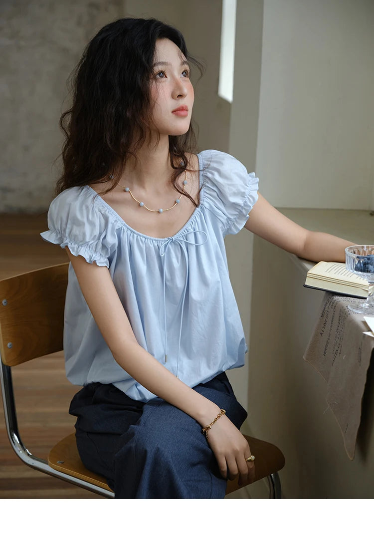MISHOW Cotton Blouse Puff Sleeve Lace Up O-Neck MXE37X1893