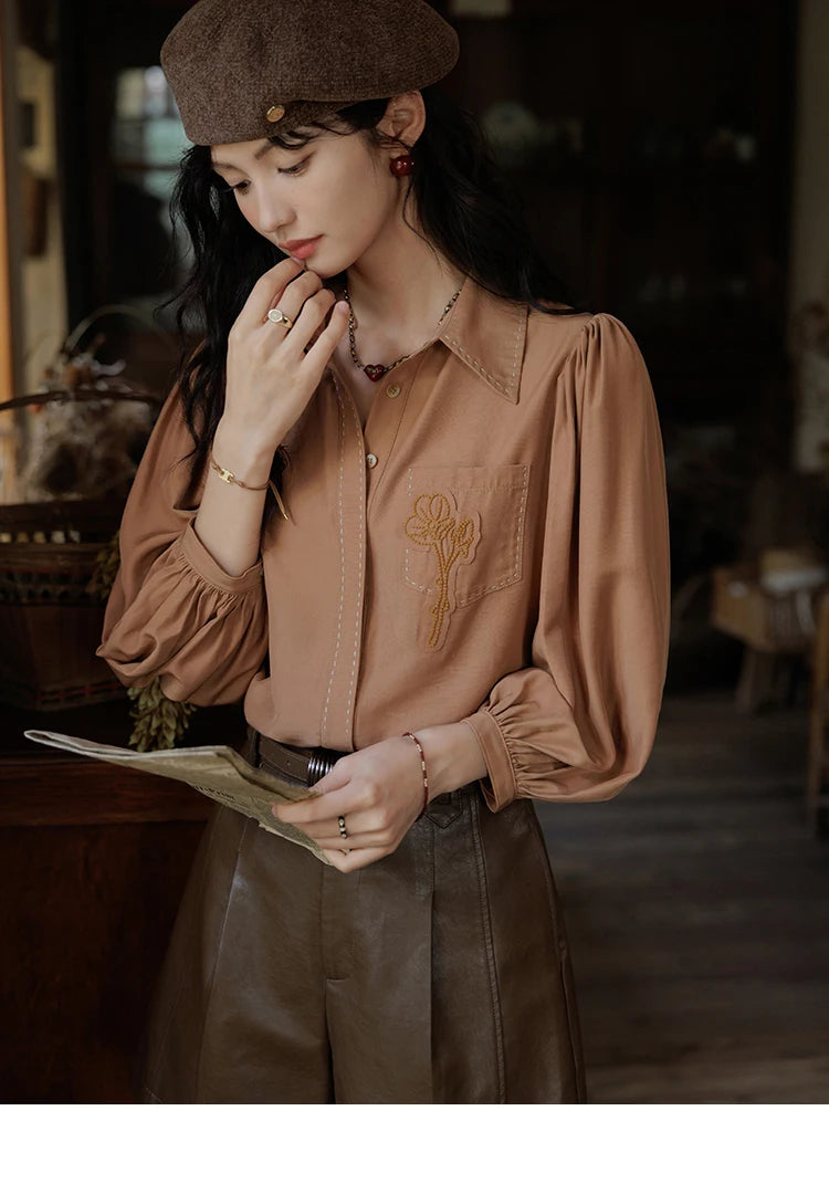 MISHOW Retro Long Sleeve Shirt Lantern Sleeve Embroidery MXD41C0287