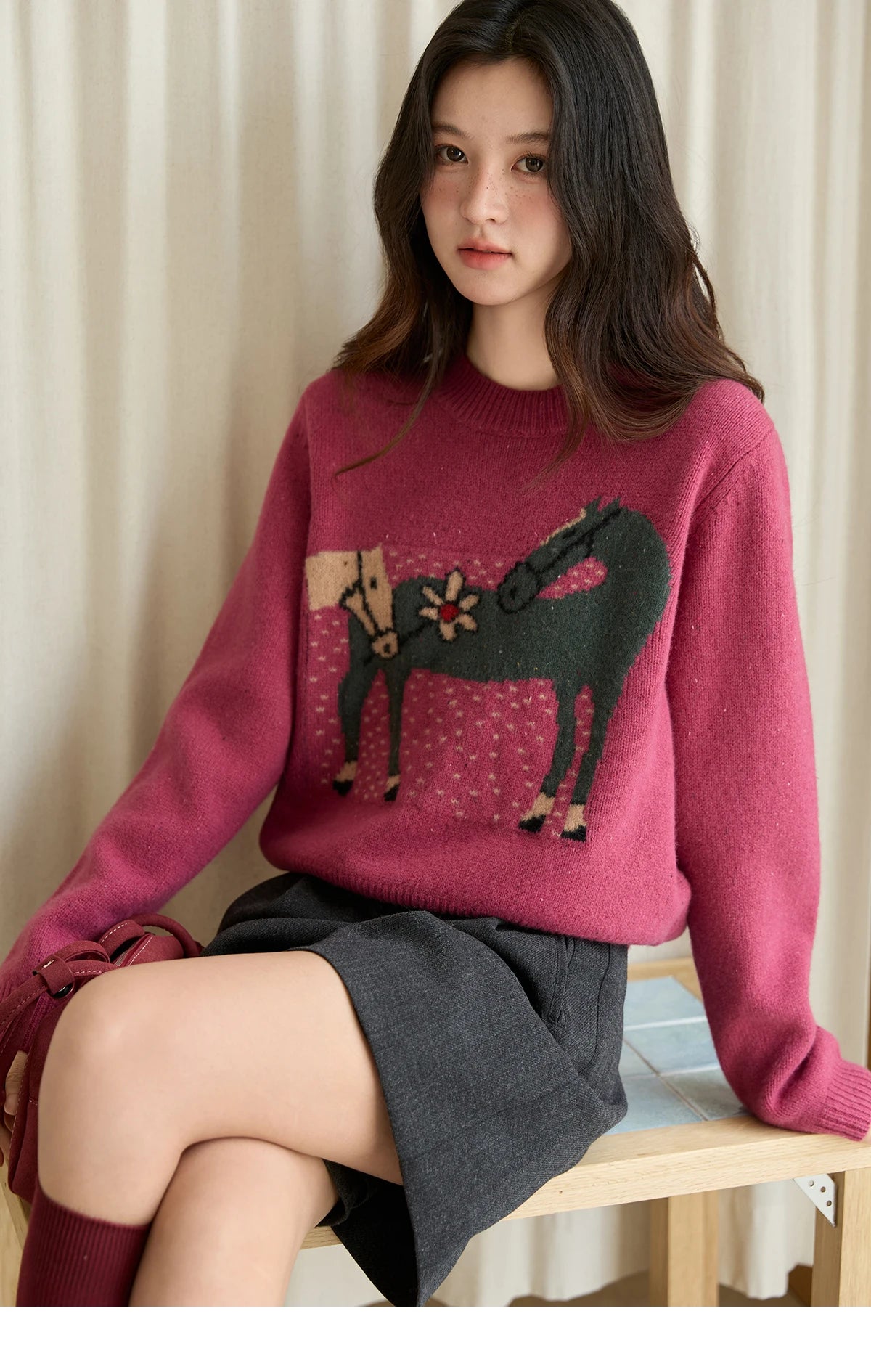 Mishow Red Pony Jacquard Round Neck Pullover MXE48Z2622