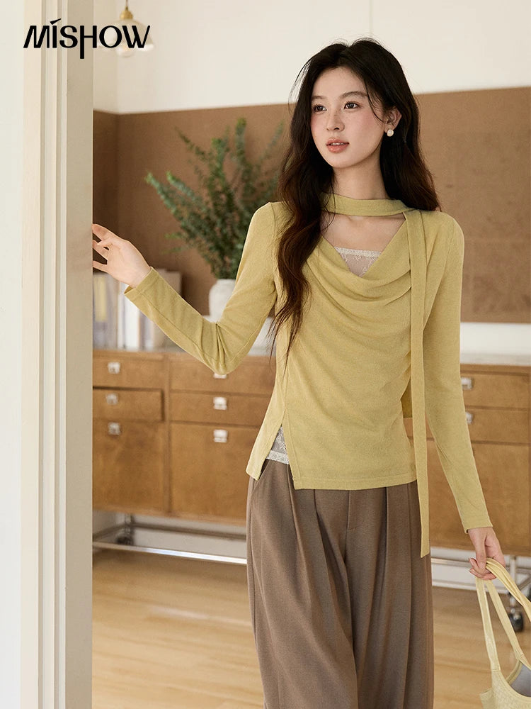 Mishow Yellow Lace Splicing Ribbon Collar Top MXF108Z1030