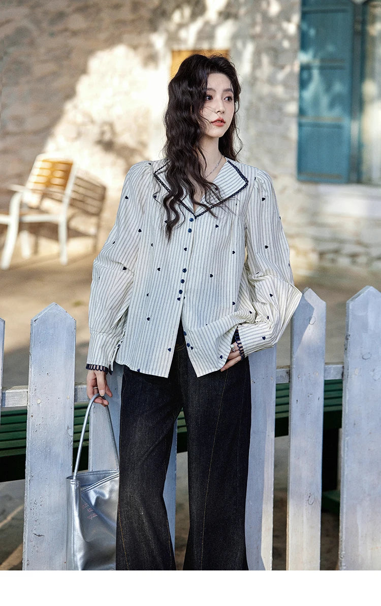 MISHOW Striped Bubble Sleeve Shirt Love Embroidered MXE12C0390