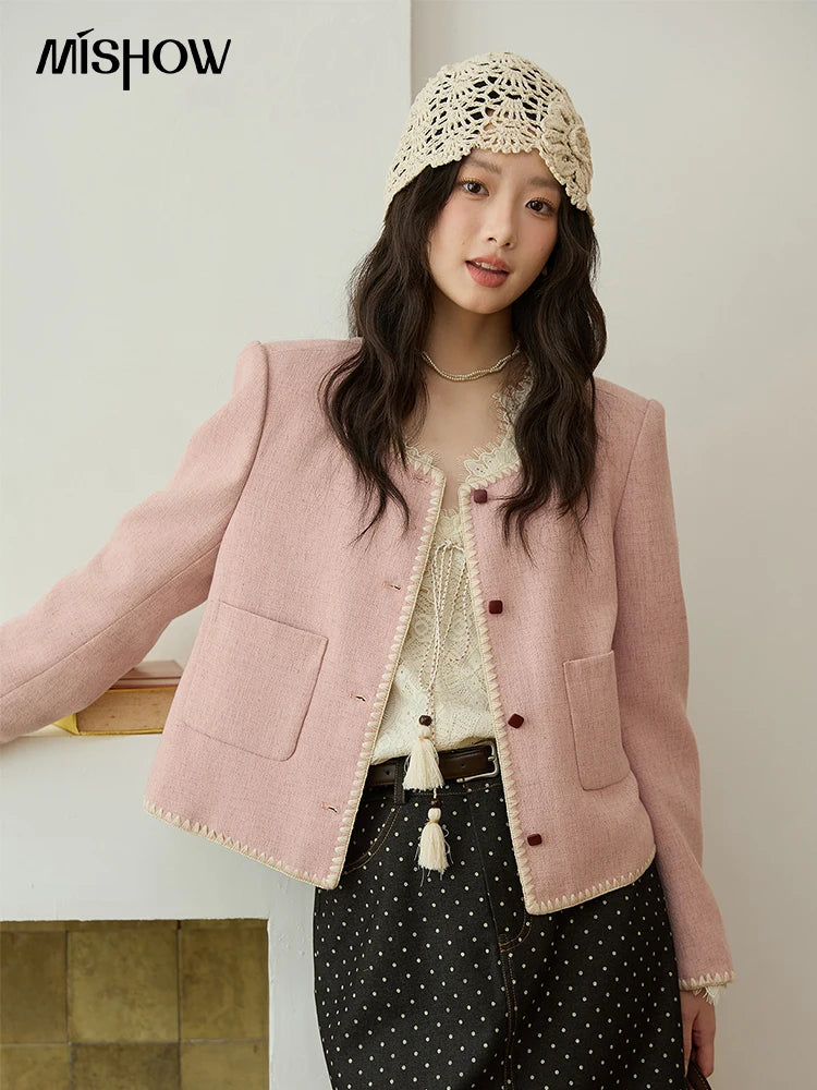 MISHOW Solid Tweed Jacket Round Neck Long Sleeved Short MXE44W0812