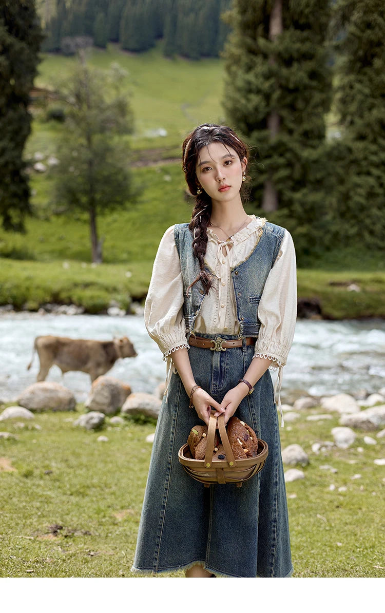 MISHOW Washed Hem Fringed Denim Midi Skirt A-Line Retro MXD41B0453