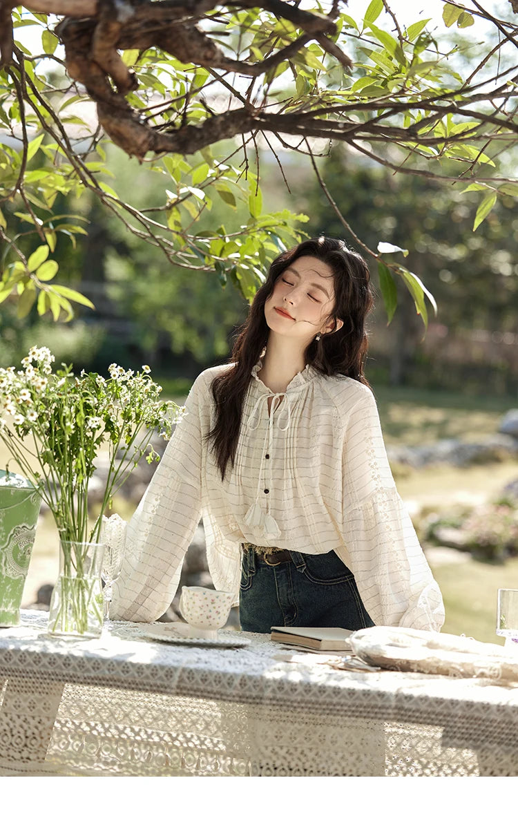 MISHOW French Striped Blouse Lace Collar Chiffon MXE12C0387
