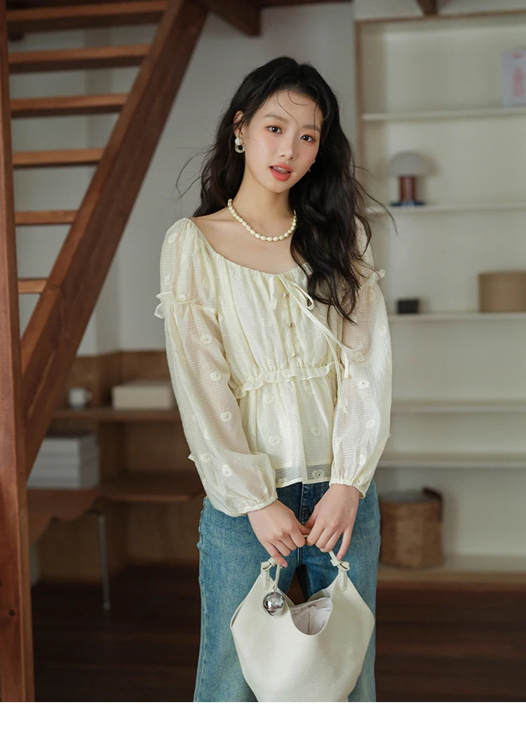 MISHOW Cashew Flower Embroidered Blouse V-Neck Lace Up Puff Sleeve MXE41X1945