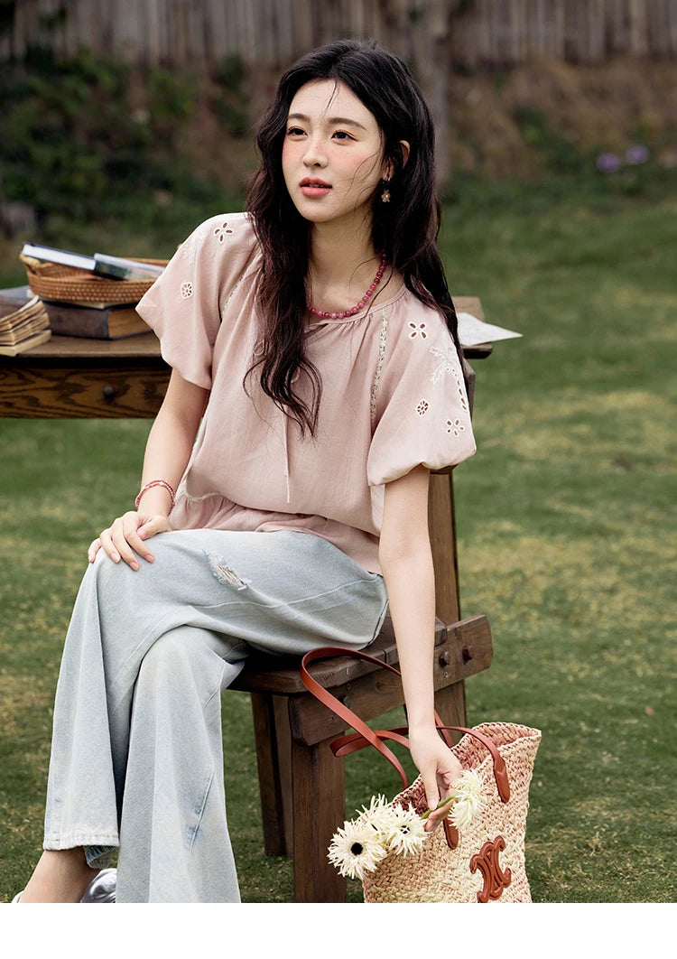 MISHOW Puff Sleeve Blouse Round Neck Hollow Embroidery MXE31X1747