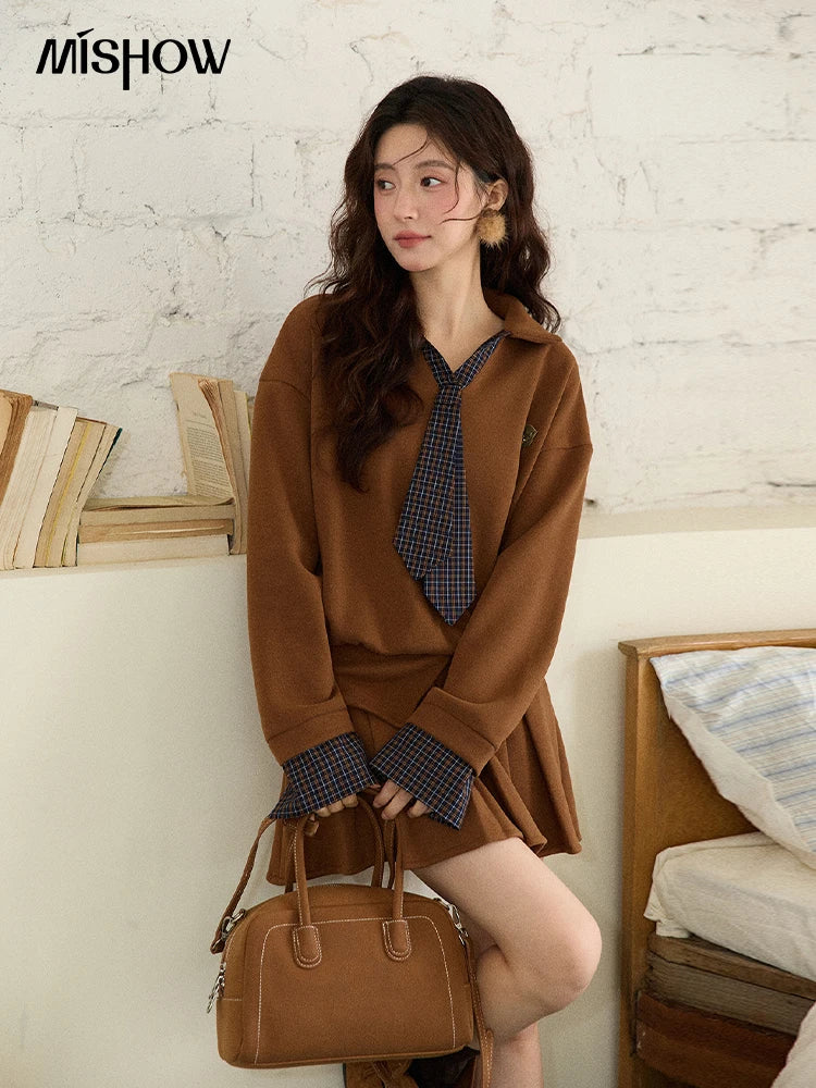 Mishow College Style Fake 2-Piece Sweatshirt & Pleated Skirt Set MXE86T1447