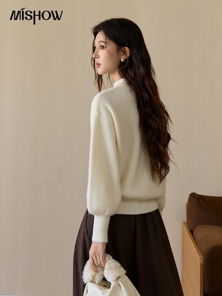 Mishow Cutout Neck Ruffle Flower Lantern Sleeve Pullover MXE94Z2982