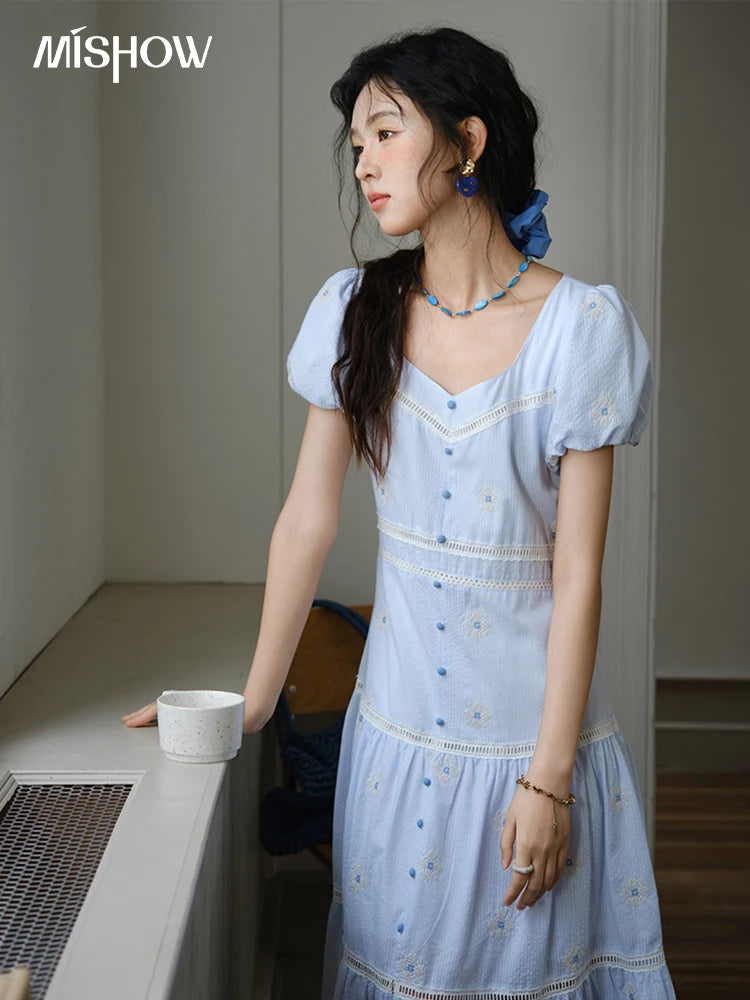 Mishow French Sweet Flower Embroidery Puff Sleeve Dress MXE35L2271