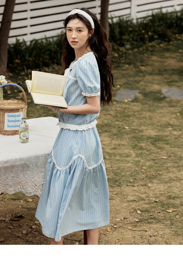 Mishow Blue Stripe V-Neck Top & A-Line Skirt Set MXE31T0531