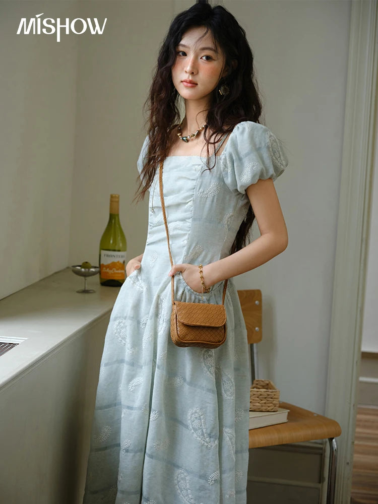 Mishow Embroidery Square Neck Puff Sleeve Dress MXE34L2265