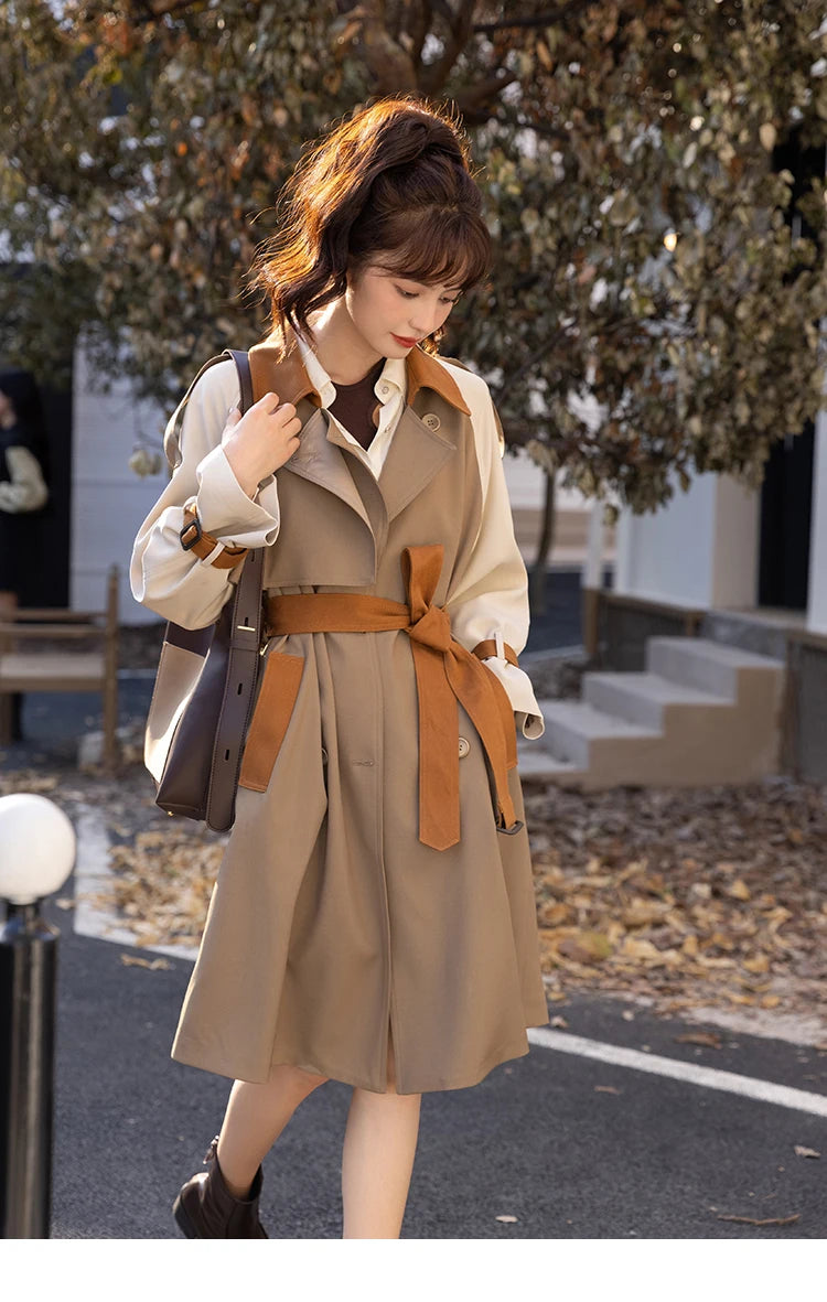 Mishow Khaki Contrast Color Spliced Trench Coat MXB31W0367