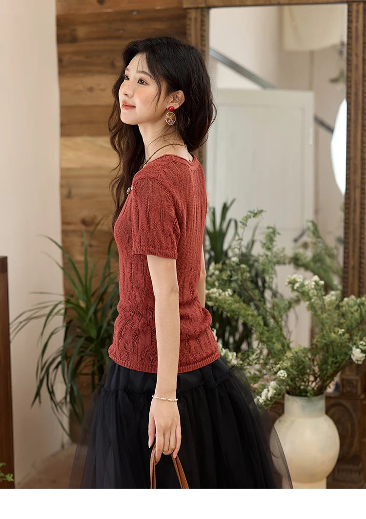 Mishow Retro Red Hollow Bead Knit Tee MXE35Z1271
