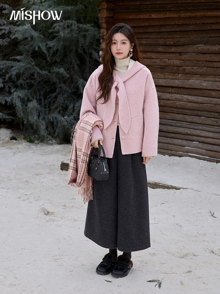 Mishow Pink Wool Hooded Bow Tie Strap Coat MXE91W1010