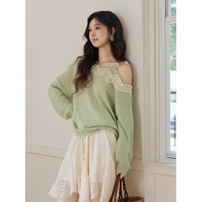 Mishow Light Green Asymmetrical Exposed Shoulder Top MXF108Z1027