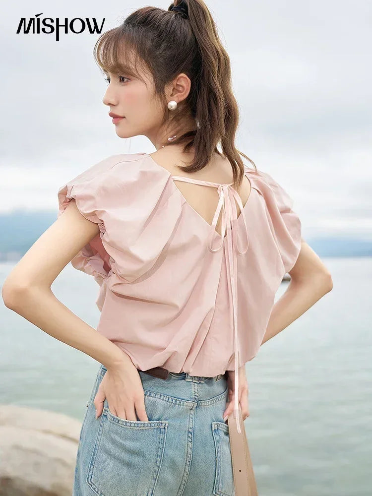 MISHOW French Rear Collar Tie Blouse V-Neck Puff Sleeve MXC38X1275
