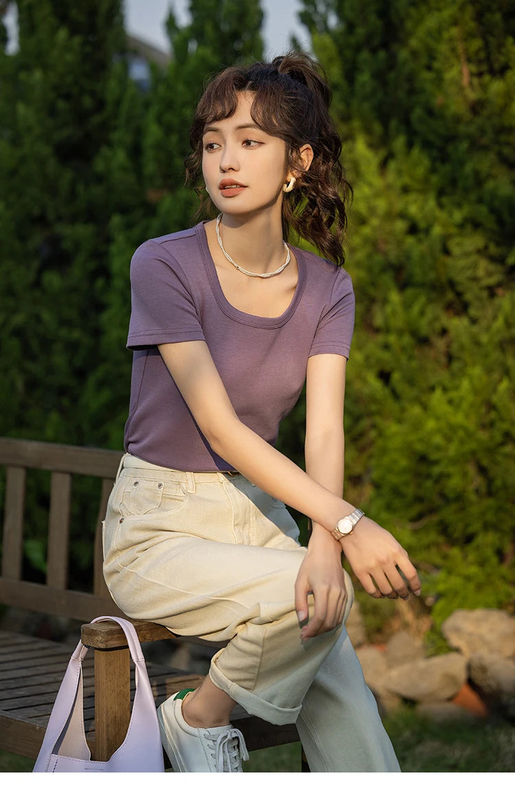 Mishow Solid Square Neck Cotton Tee MXC12T0641