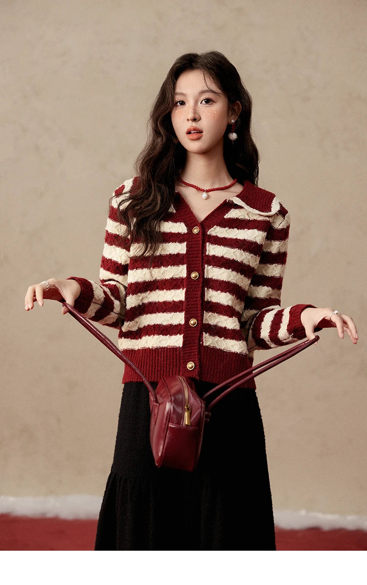 Mishow Christmas Red Striped Wool Blend Cropped Cardigan MXD58Z1038