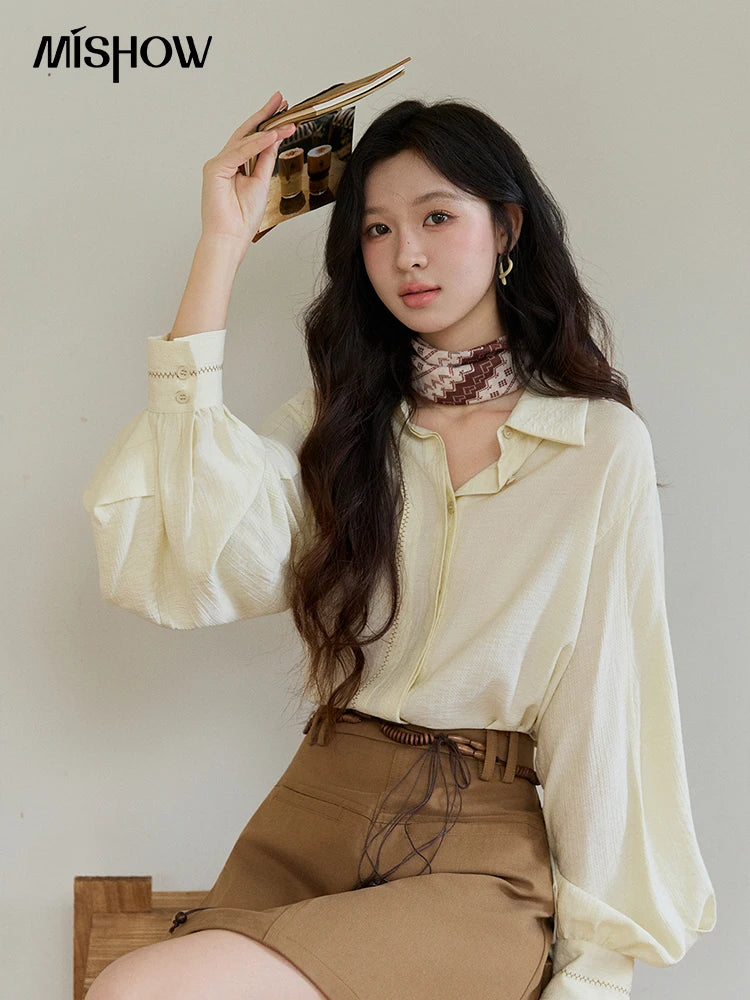 MISHOW Lapel Lantern Sleeve Shirt Lace Trim Loose MXF13C2436
