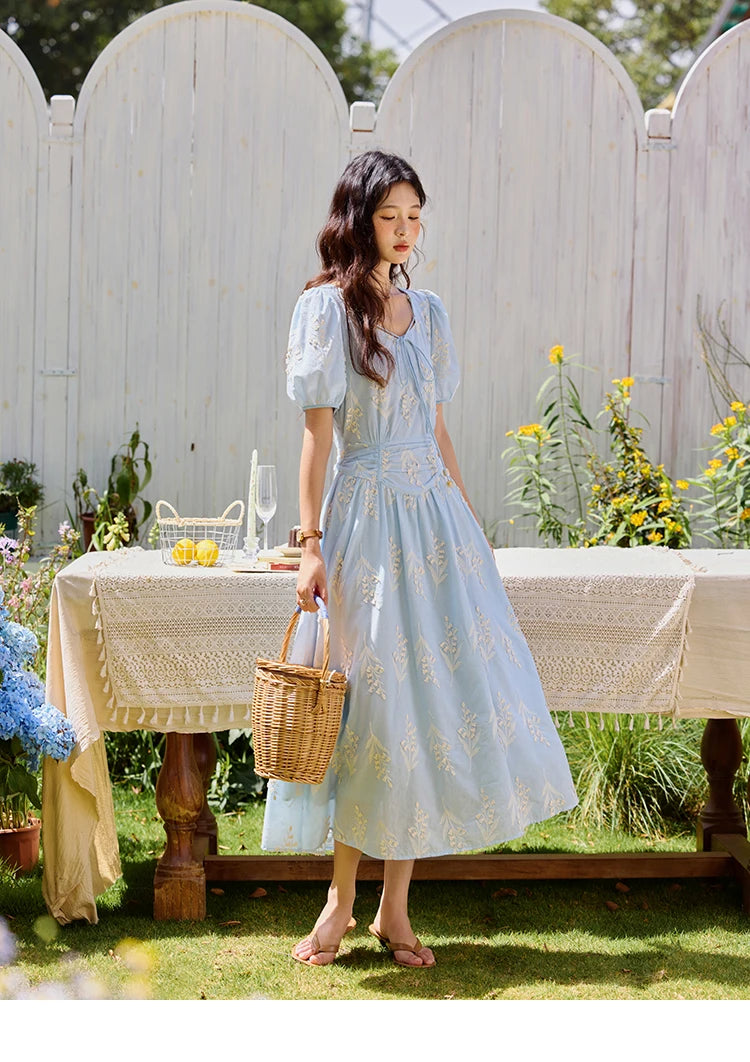Mishow Blue Square Neck Bubble Sleeve Cotton Dress MXE35L2234