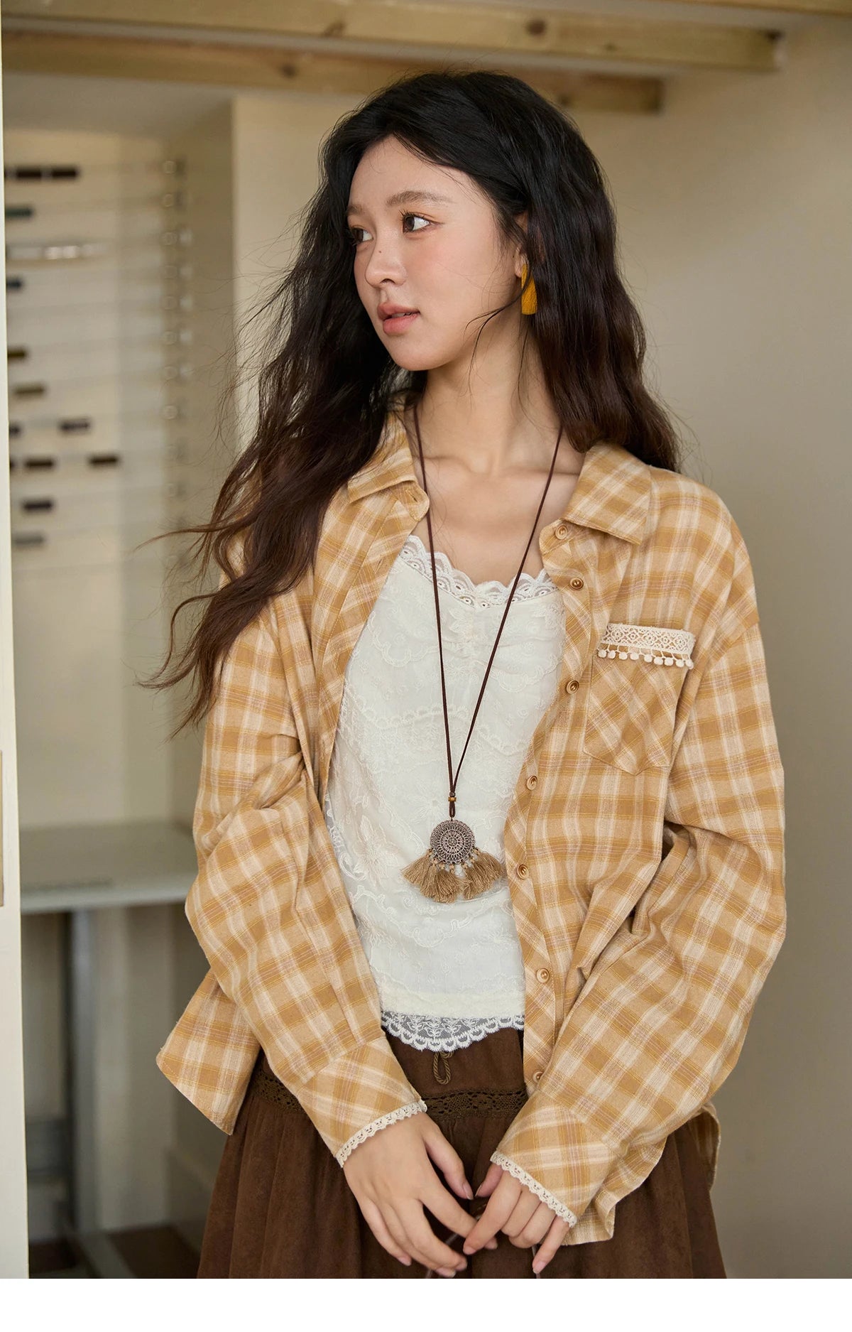 MISHOW Retro Plaid Shirt Lace Pocket Lapel Collar MXE43C2378