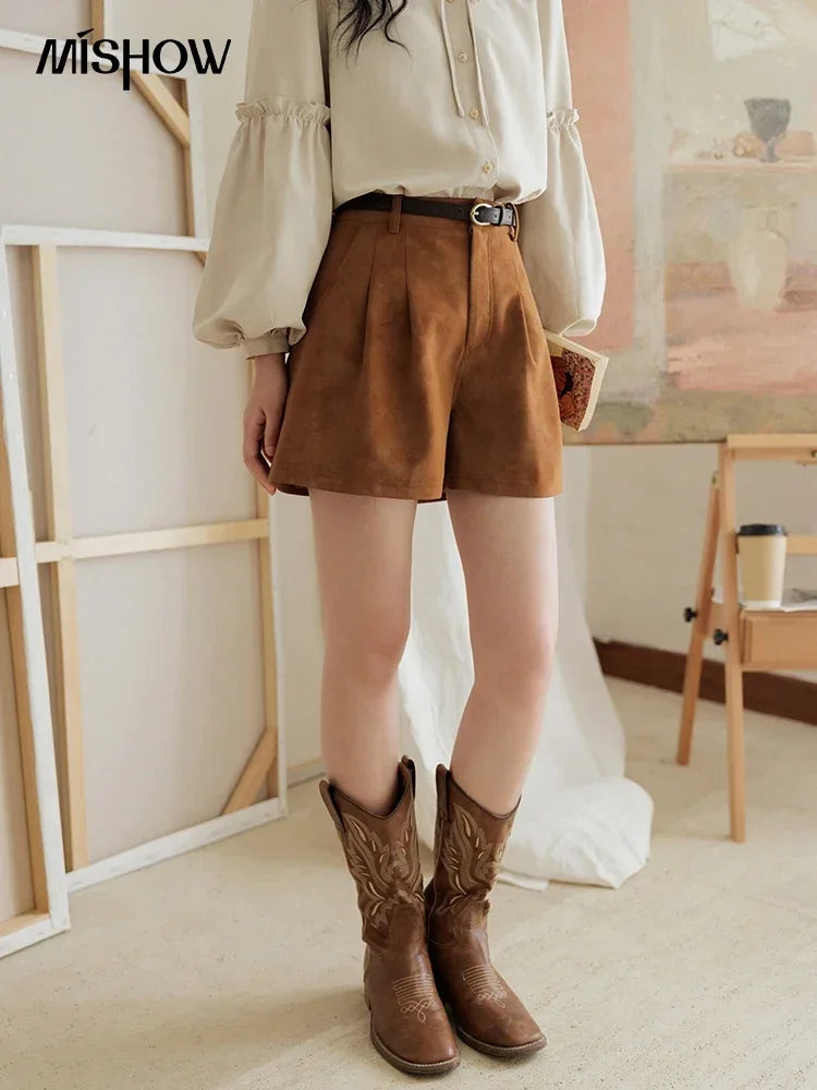 Mishow Suede High Waist A-Line Wide Leg Shorts with Pockets MXD44K0753