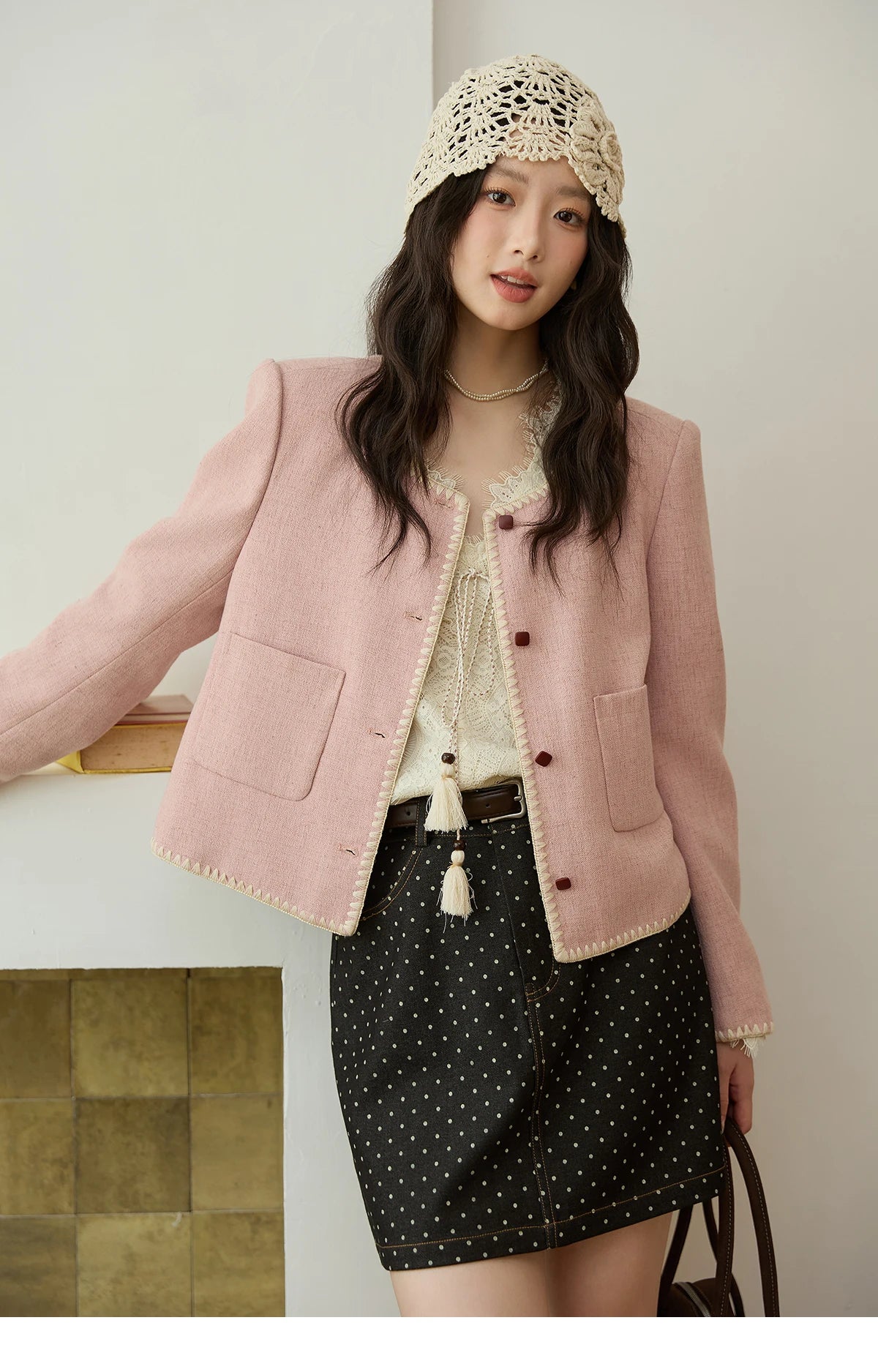 MISHOW Solid Tweed Jacket Round Neck Long Sleeved Short MXE44W0812