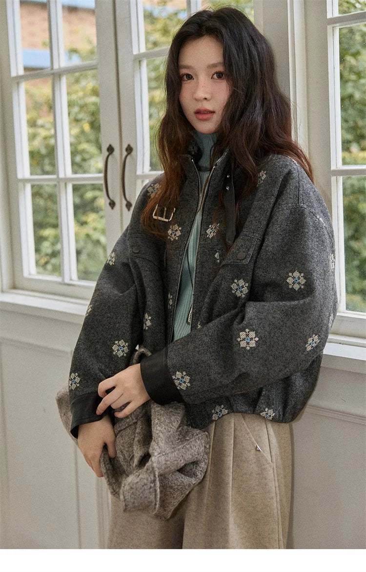 MISHOW Wool Blend Jacket Small Flower Embroidery Turtleneck Zipper MXE86W0906