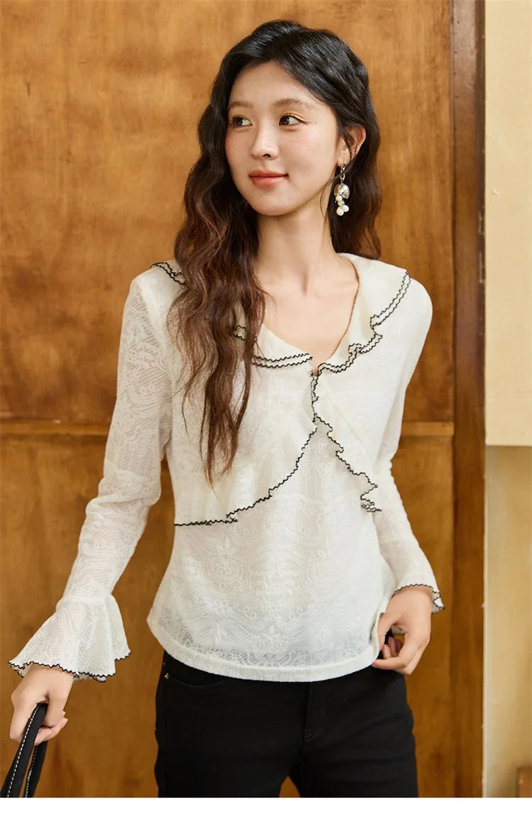 MISHOW Lace Blouse V-Neck Ruffle Edge Contrast Embroidery Flare Sleeve MXE45X2483