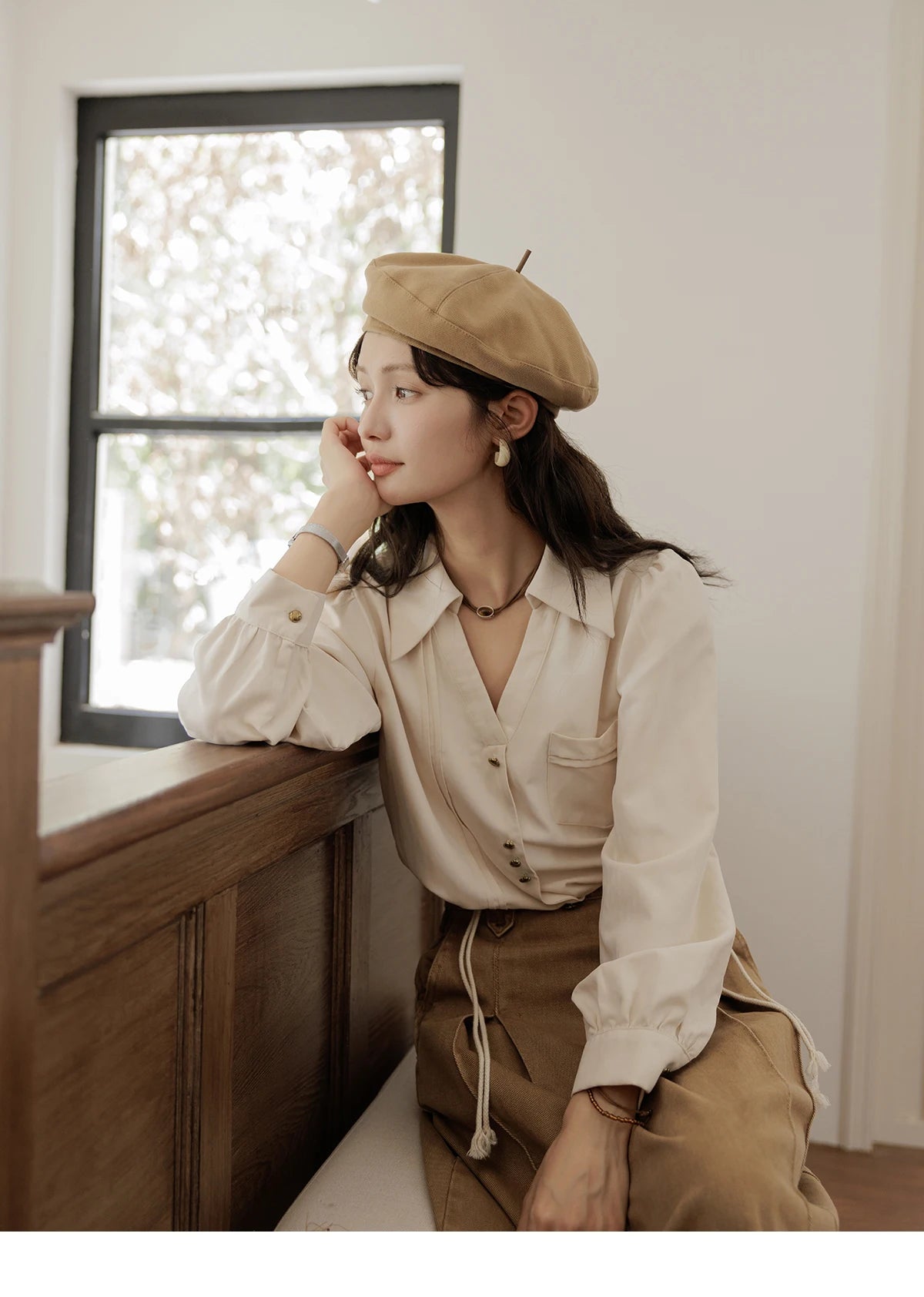 MISHOW French Lapel V-Neck Shirt Retro Button Pockets MXD43C0306