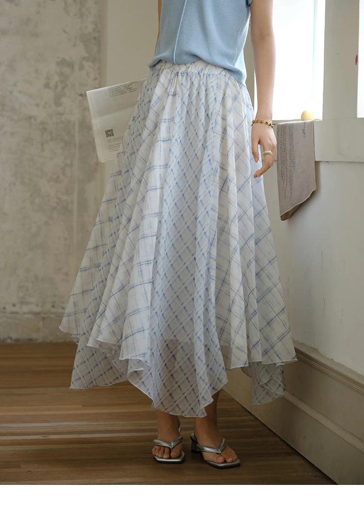 MISHOW Patchwork Plaid Chiffon Half Skirt High Waist A-Line MXE34B0739