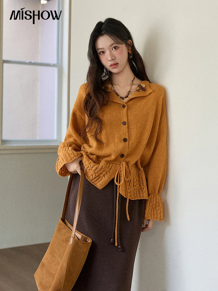 Mishow Orange Openwork Crochet Flared Sleeve Cardigan MXE87Z2685