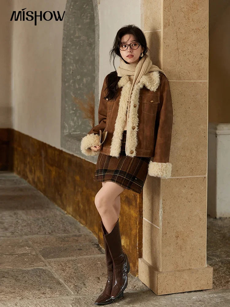 Mishow Leather Fur Lamb Wool Spliced Jacket MXD56W0538