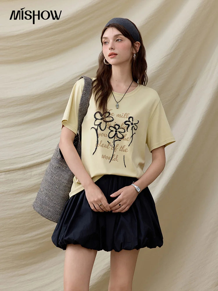 Mishow Embroidered Flower Round Neck Tee MXE33T0498